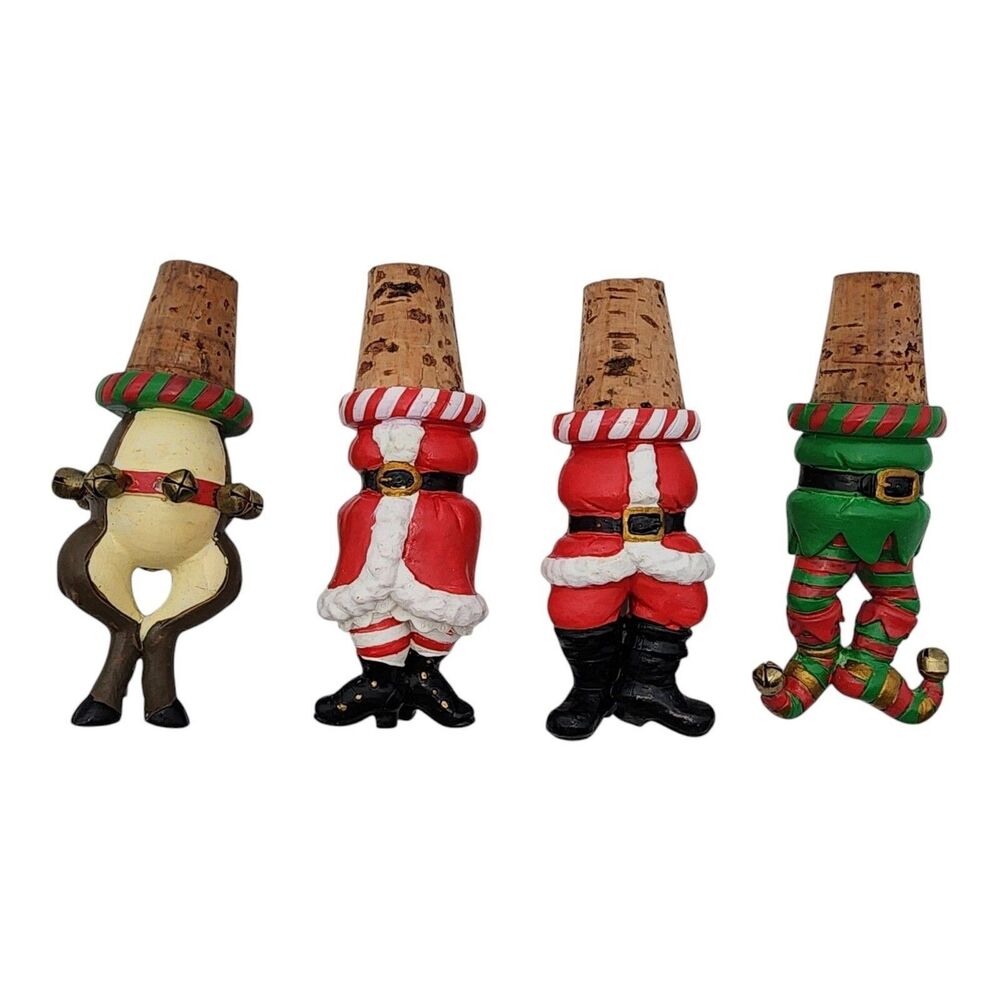 Set of 4 Boston Warehouse Cork Bottle Stoppers Christmas Holiday Santa Elf